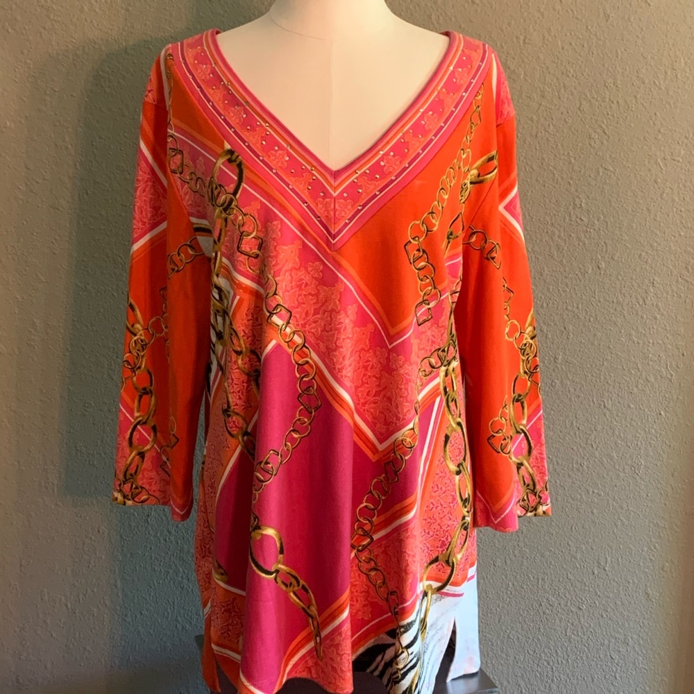 JM Collection V-Neck Print Scarf Blouse Size XL
